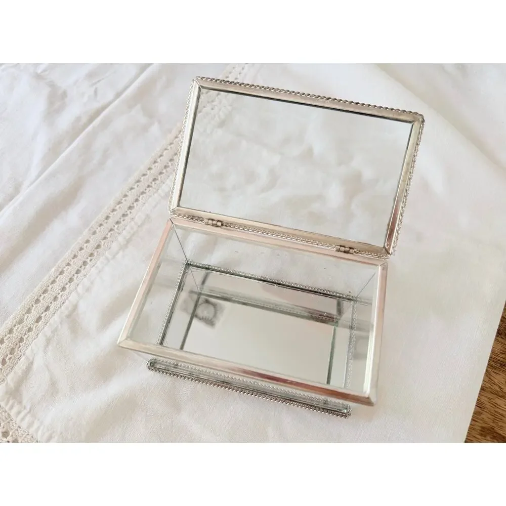 Studio Silversmiths Silver Plated Mirrored Glass Jewelry Box Rope Trim Vintage